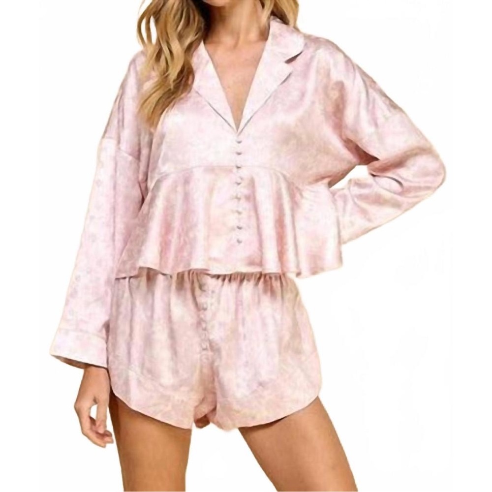 NEW TCEC floral satin print short long sleeve pajama set in pink peplum L